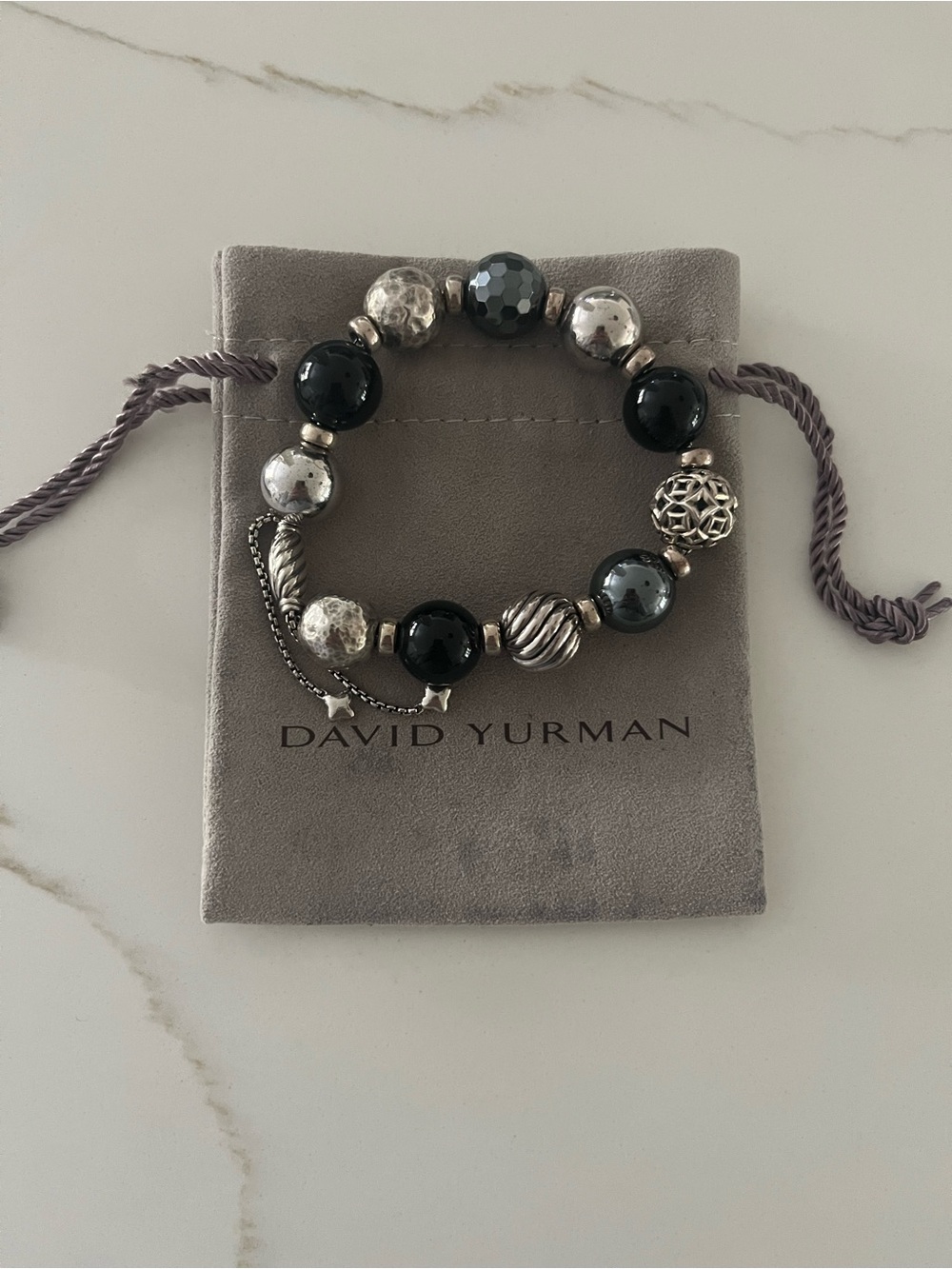 David yurman sterling silver and onyx elements beaded adjustable bracelet